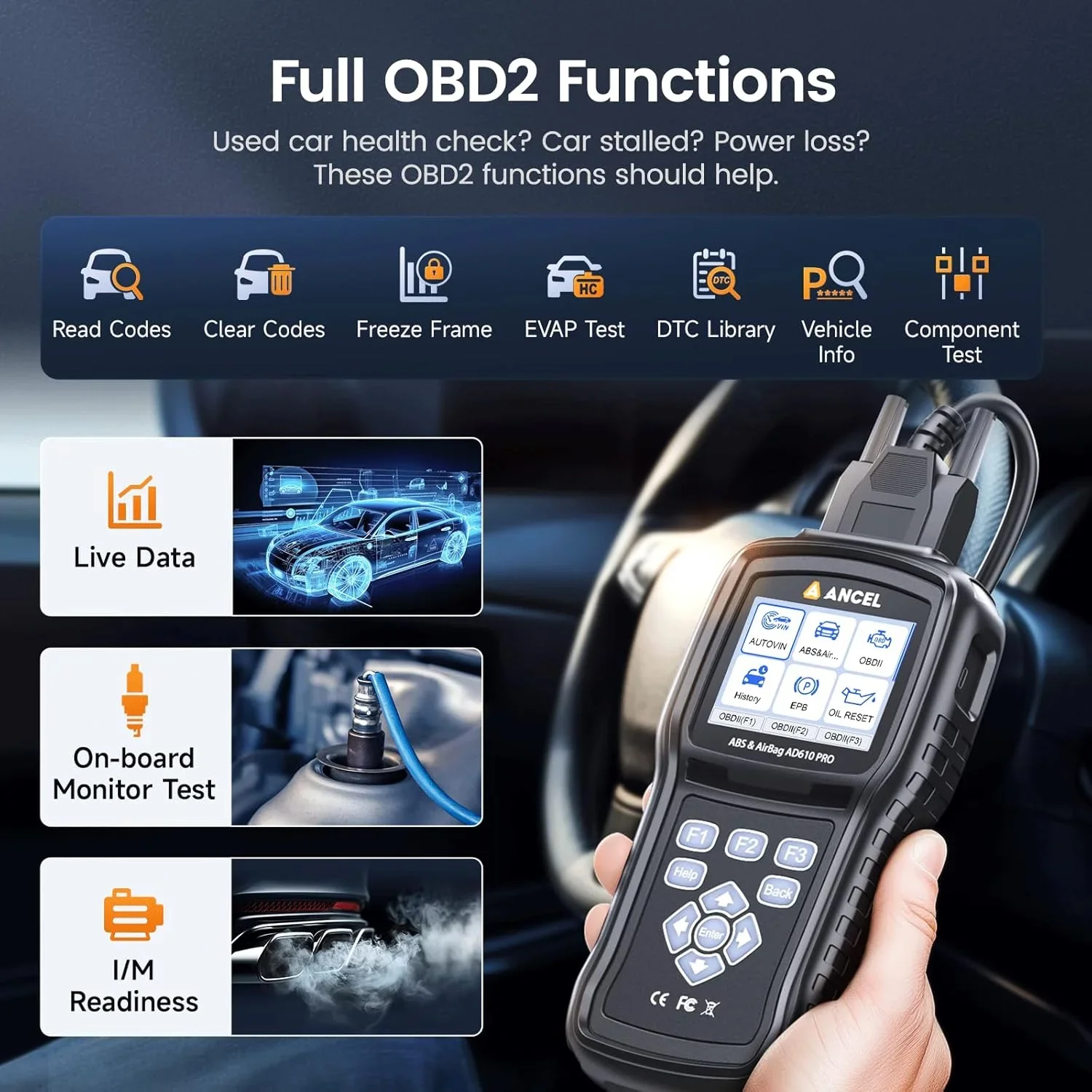 ANCEL AD610 PRO ABS SRS OBD2 Scanner, ABS Bleeding, SAS Calibration, ABS, Airbag, EPB, Oil Reset, Full OBD2 Functions, AutoVIN, Free Lifetime WiFi Updates - Image 4