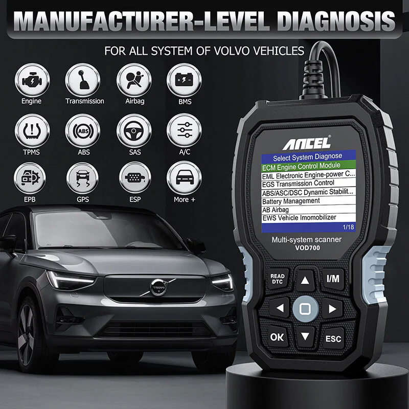 ANCEL VOD700 All System OBD2 Scanner for Volvo Car ABS Bleeding Injector Oil ETC SRL BMS EPB TPMS DPF Reset Tool - Image 2