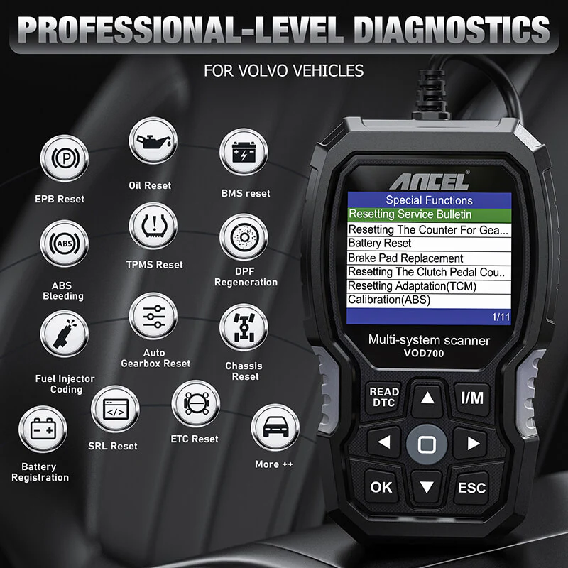 ANCEL VOD700 All System OBD2 Scanner for Volvo Car ABS Bleeding Injector Oil ETC SRL BMS EPB TPMS DPF Reset Tool - Image 3